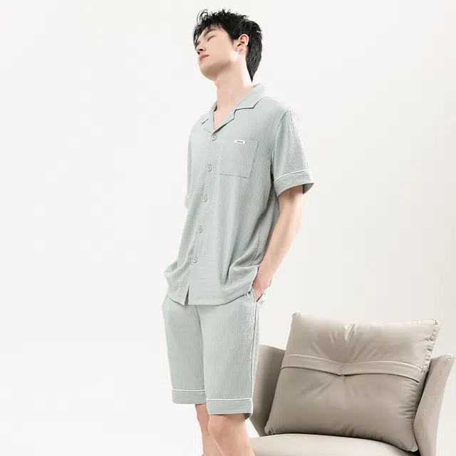 怀尔蔚 短袖五分裤舒适翻领家居服睡衣套装 男款
