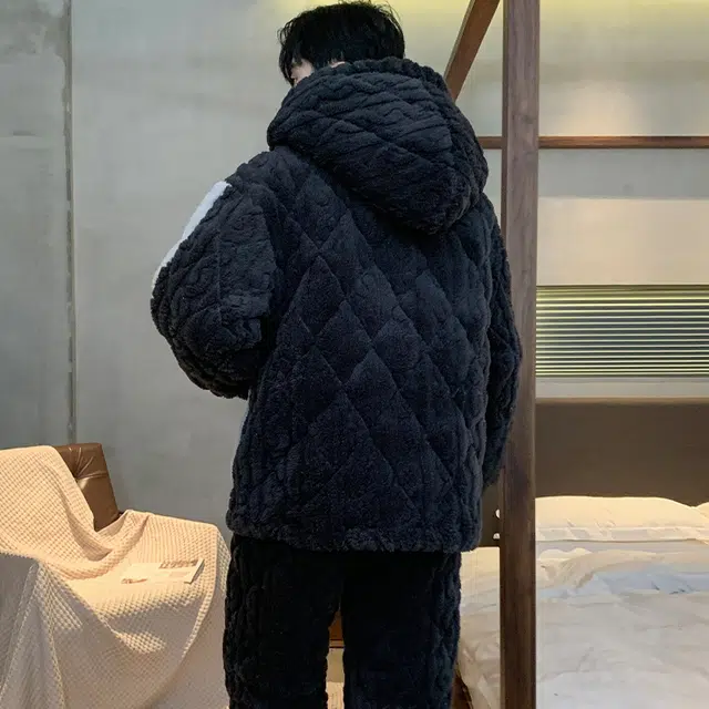 怀尔蔚 加绒加厚保暖卡通连帽可外穿居家睡衣套装 男款
