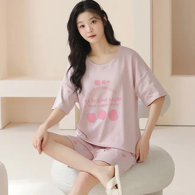 怀尔蔚 简约亲肤舒适甜美印花圆领套头短袖休闲透气可外穿短裤睡衣套装 女款 粉色