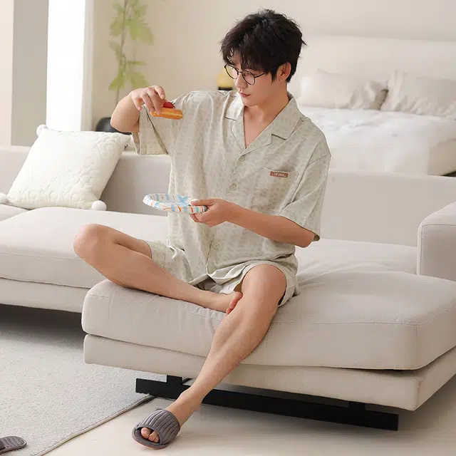 怀尔蔚 翻领短袖短裤可外穿舒适薄款家居服睡衣套装 男款