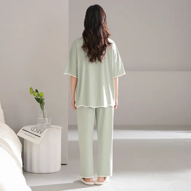 怀尔蔚 舒适透气纯色短袖上衣家居服可外穿长裤睡衣套装 女款 图片色