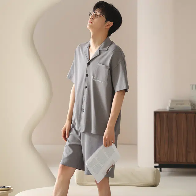 怀尔蔚 翻领纯色短袖上衣家居服可外穿舒适五分裤睡衣套装 男款 图片色