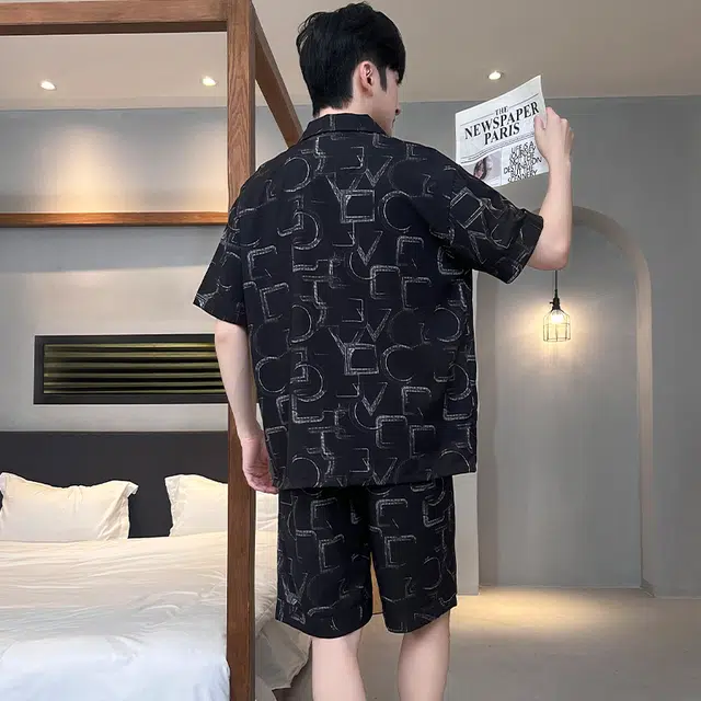 怀尔蔚 翻领可外穿舒适短袖五分裤睡衣套装 男款