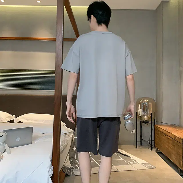 怀尔蔚 百搭圆领套头休闲薄款透气短袖松紧腰短裤睡衣套装 男款 浅灰