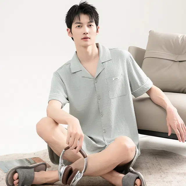 怀尔蔚 短袖五分裤舒适翻领家居服睡衣套装 男款