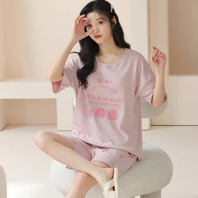 怀尔蔚 简约亲肤舒适甜美印花圆领套头短袖休闲透气可外穿短裤睡衣套装 女款 粉色