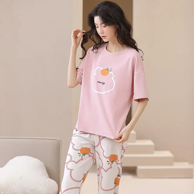 怀尔蔚 可外穿薄款舒适短袖上衣家居服七分裤睡衣套装 女款 图片色