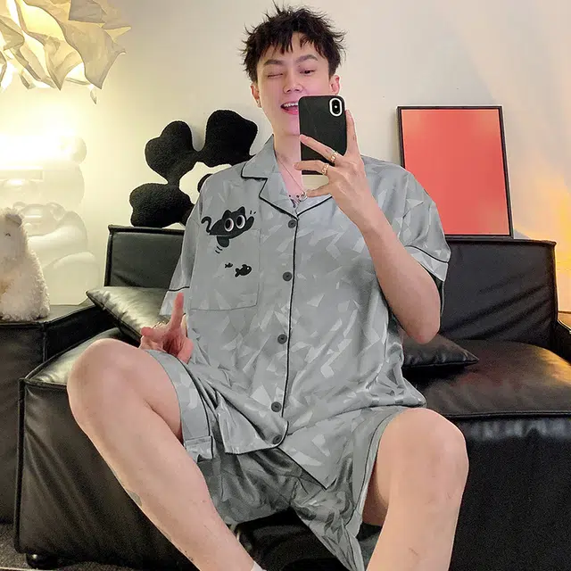 怀尔蔚 翻领开衫短袖舒适薄款居家服睡衣套装 男款