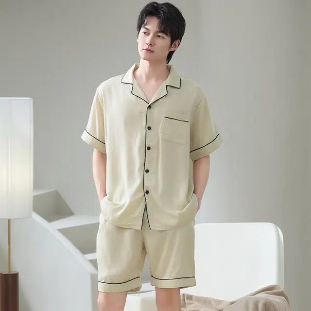 怀尔蔚 翻领开衫短袖可外穿舒适家居服睡衣套装 男款 图片色