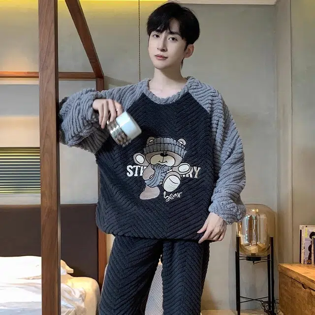 怀尔蔚 加绒加厚珊瑚绒长袖保暖可外穿法兰绒家居服睡衣套装 男款