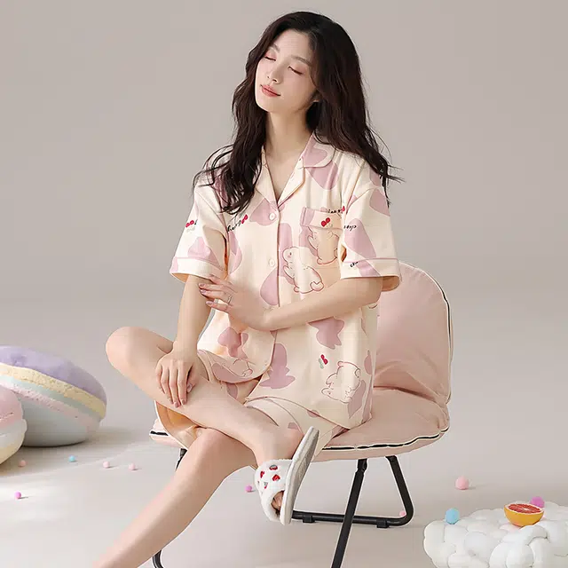 怀尔蔚 舒适短袖三分裤可外穿睡衣套装 女款