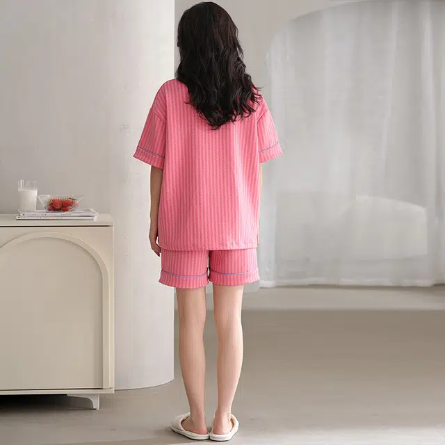 怀尔蔚 翻领条纹短袖短裤可外穿舒适睡衣套装 女款 图片色