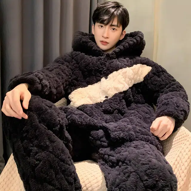 怀尔蔚 男士加厚珊瑚绒夹棉家居服可外穿保暖睡衣套装 男款 图片色