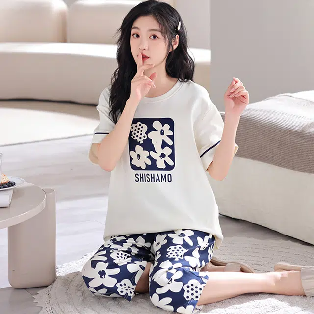 怀尔蔚 甜美花朵印花休闲薄款透气短袖上衣七分裤睡衣套装 女款 图色