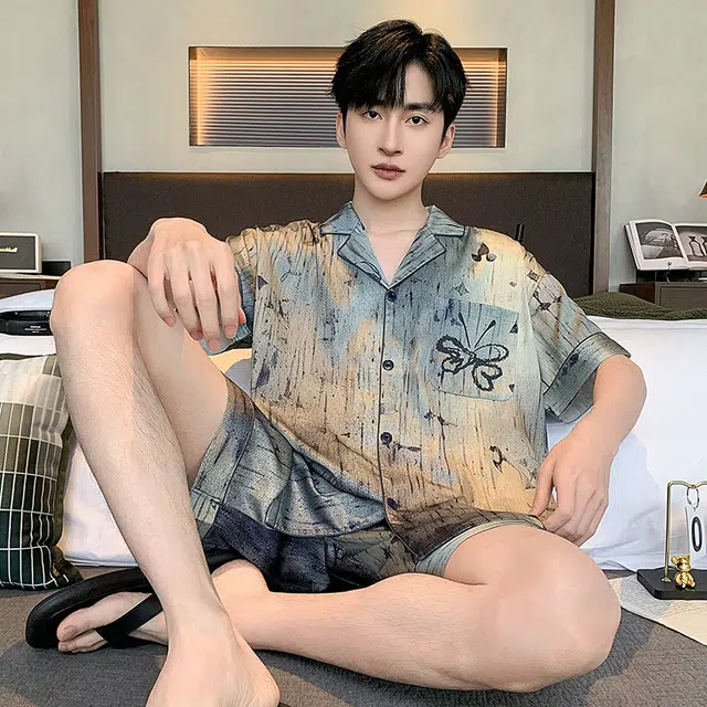 怀尔蔚 翻领休闲凉感短袖舒适透气亲肤短裤睡衣套装 男款 蓝色