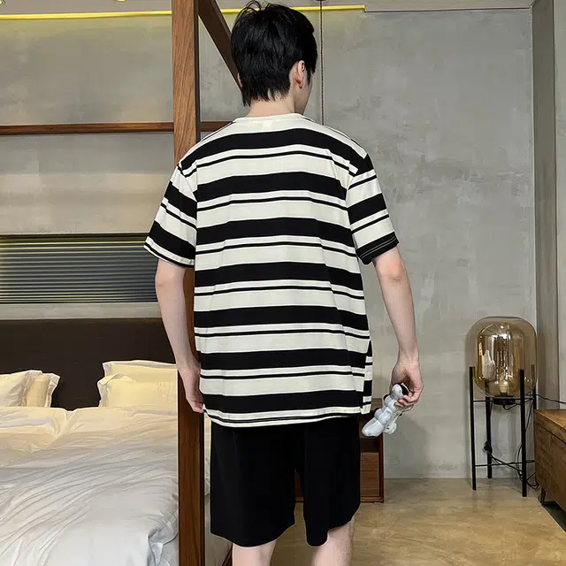 怀尔蔚 简约休闲舒适百搭领口短袖上衣松紧腰短裤睡衣套装 男款 黑色
