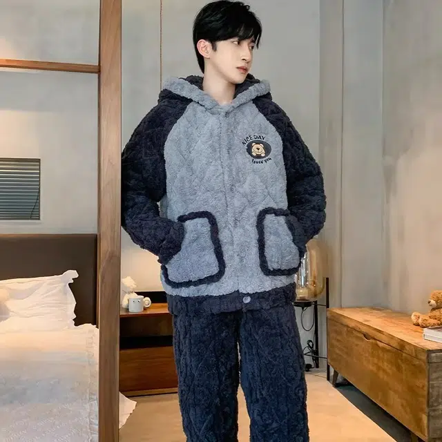 怀尔蔚 珊瑚绒加绒三层夹棉简约休闲超厚保暖可外穿家居服睡衣套装 男款