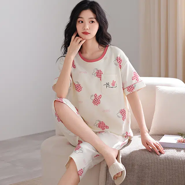 怀尔蔚 舒适圆领套头休闲薄款透气短袖上衣七分裤睡衣套装 女款 图色