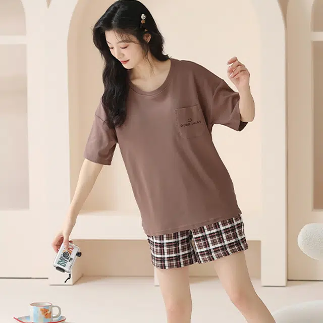 怀尔蔚 条纹休闲短袖薄款透气短裤睡衣套装 女款