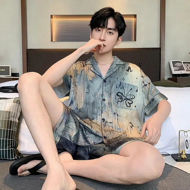 怀尔蔚 翻领休闲凉感短袖舒适透气亲肤短裤睡衣套装 男款 蓝色