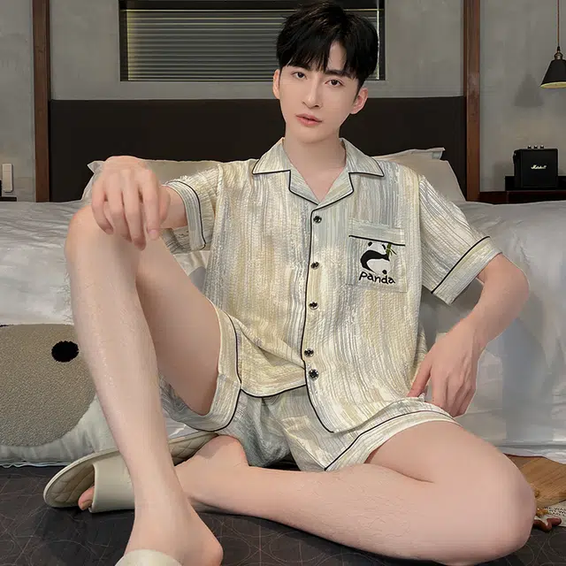 怀尔蔚 简约休闲透气亲肤翻领开衫短袖上衣舒适可外穿短裤睡衣套装 男款 杏色