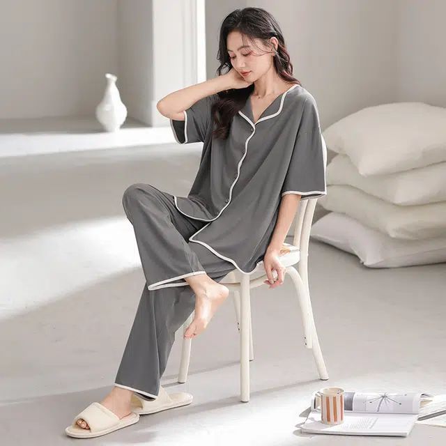 怀尔蔚 舒适纯色透气短袖长裤家居服可外穿睡衣套装 女款 图片色