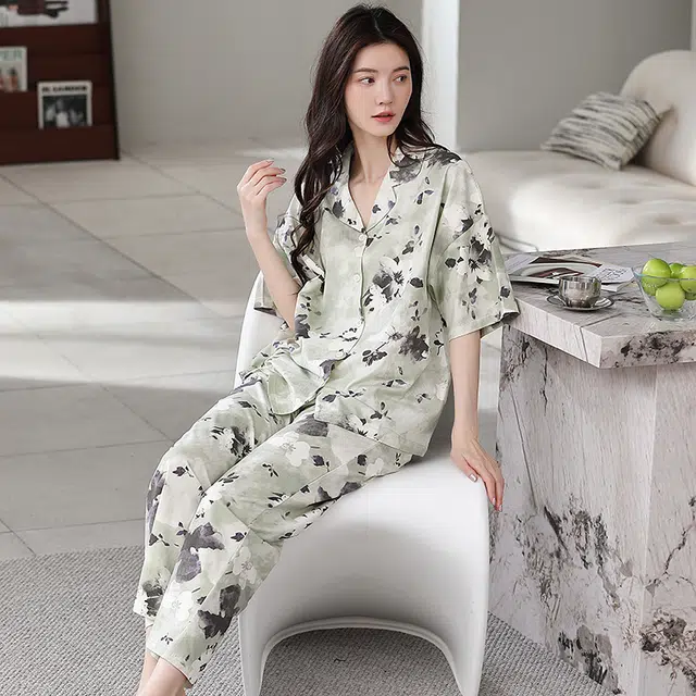 怀尔蔚 柔软可外穿舒适短袖长裤睡衣套装 女款
