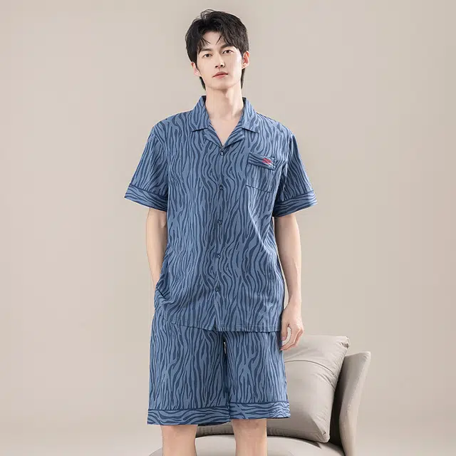 怀尔蔚 透气翻领舒适短袖上衣可外穿家居服五分裤睡衣套装 男款 图片色