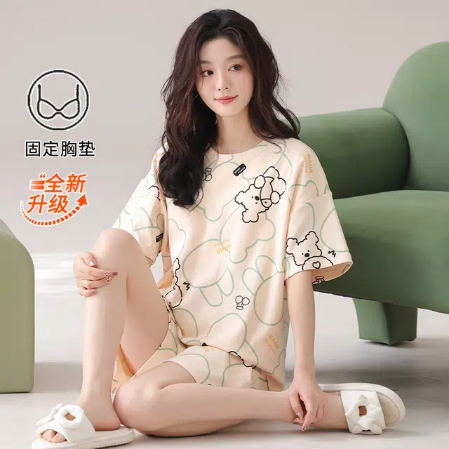怀尔蔚 透气可外穿舒适短袖三分裤睡衣套装 女款