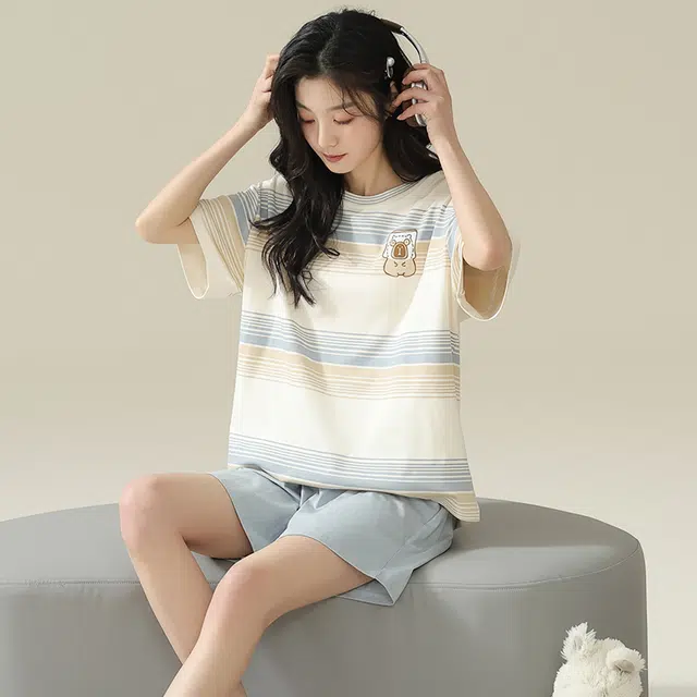 怀尔蔚 条纹休闲薄款短袖透气纯色短裤睡衣套装 女款 图色