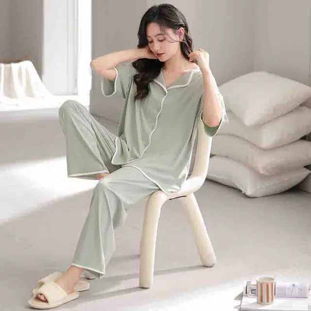 怀尔蔚 舒适透气纯色短袖上衣家居服可外穿长裤睡衣套装 女款 图片色