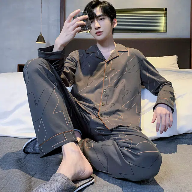 怀尔蔚 简约休闲舒适翻领单排扣睡衣套装 男款 灰色
