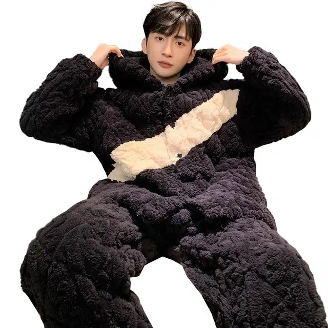 怀尔蔚 男士加厚珊瑚绒夹棉家居服可外穿保暖睡衣套装 男款 图片色