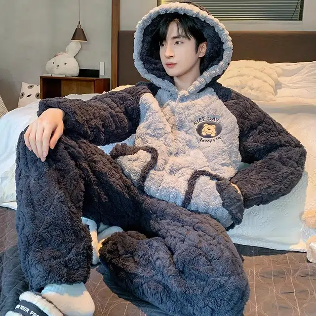怀尔蔚 珊瑚绒加绒三层夹棉简约休闲超厚保暖可外穿家居服睡衣套装 男款