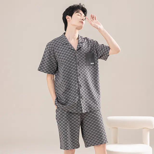 怀尔蔚 舒适翻领格子短袖上衣可外穿家居服五分裤睡衣套装 男款 图片色