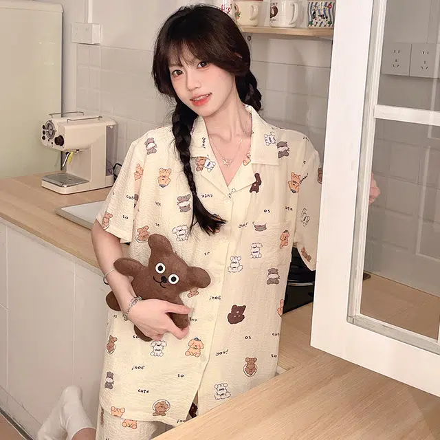 怀尔蔚 可爱卡通印花休闲透气短袖睡衣套装 女款 图色