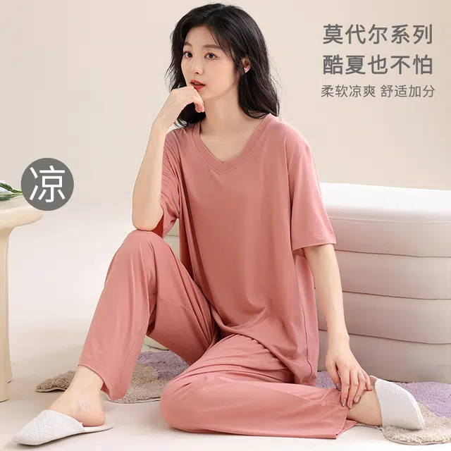 怀尔蔚 纯色舒适透气凉感短袖上衣家居服可外穿长裤睡衣套装 女款 图片色