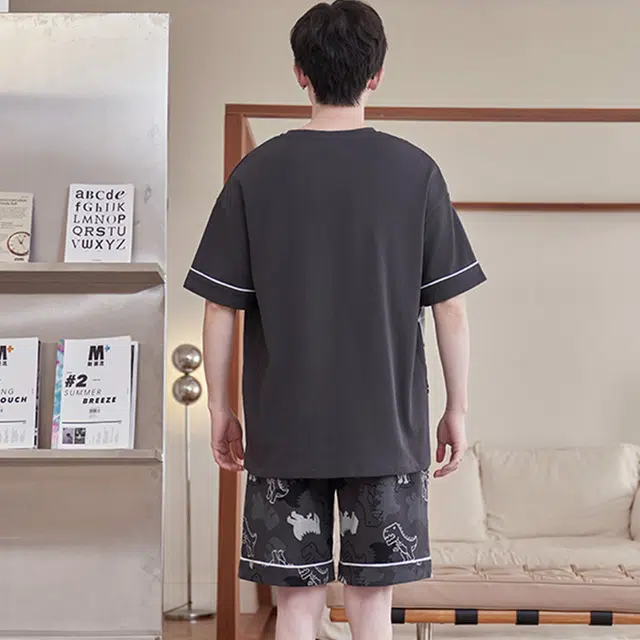怀尔蔚 简约宽松休闲亲肤薄款透气短袖上衣松紧舒适短裤睡衣套装 男款 图片色