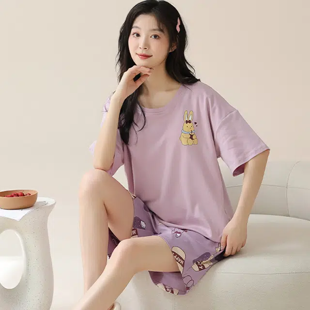 怀尔蔚 卡通动漫印花宽松休闲薄款透气圆领套头短袖松紧短裤睡衣套装 女款 图片色