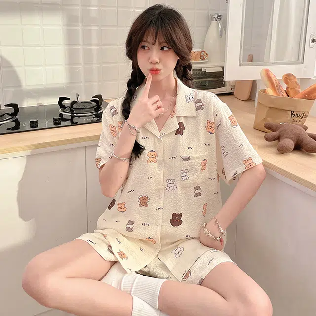 怀尔蔚 可爱卡通印花休闲透气短袖睡衣套装 女款 图色