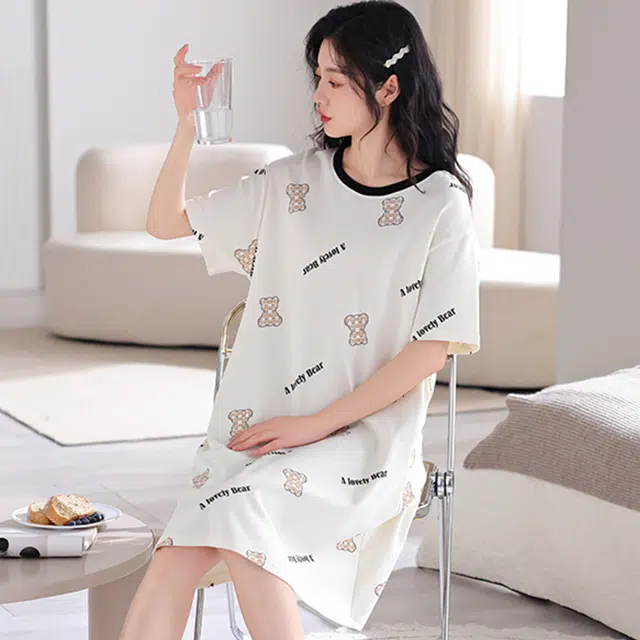 怀尔蔚 简约亲肤圆领套头休闲薄款透气可外穿短袖睡裙 女款 浅灰色