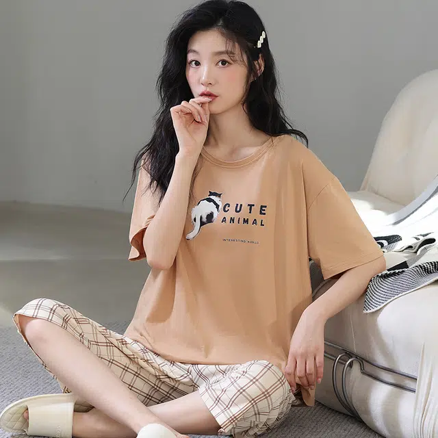 怀尔蔚 简约休闲慵懒风印花圆领套头短袖上衣亲肤舒适可外穿家居长裤睡衣套装 女款