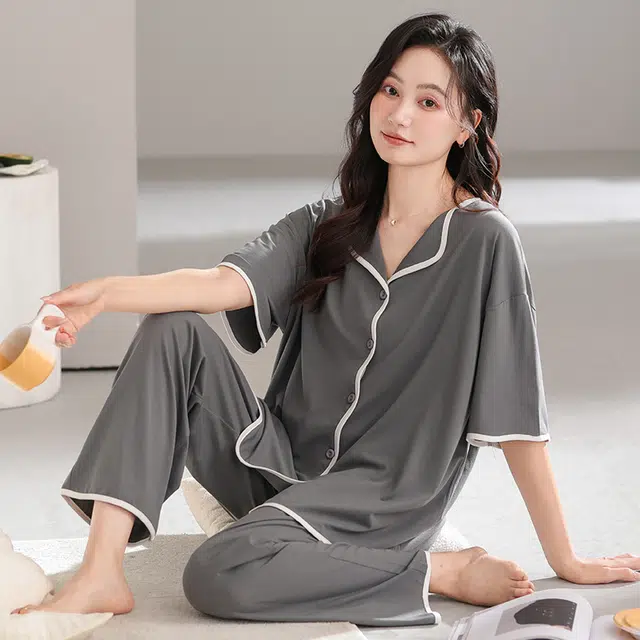 怀尔蔚 舒适纯色透气短袖长裤家居服可外穿睡衣套装 女款 图片色