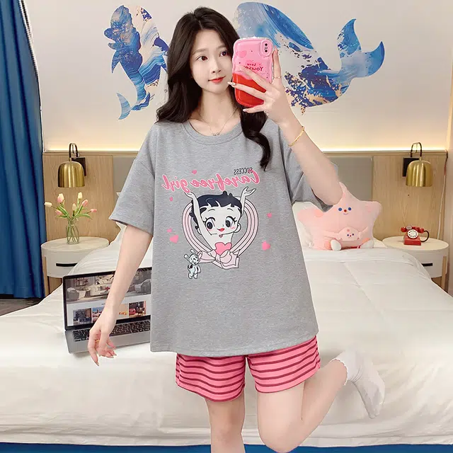 怀尔蔚 圆领透气短袖上衣可外穿舒适三分裤睡衣套装 女款 图片色