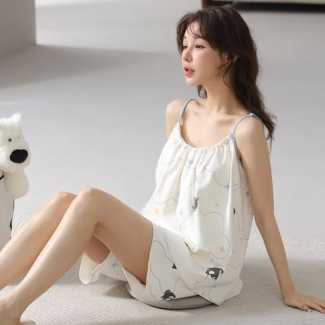 怀尔蔚 可外穿舒适薄款圆领无袖吊带上衣家居服三分裤睡衣套装 女款