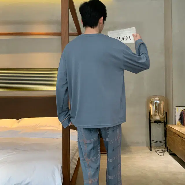 怀尔蔚 圆领套头松紧宽松长裤睡衣套装 男款 蓝色