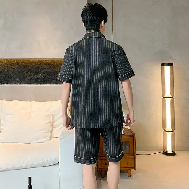 怀尔蔚 翻领短袖五分裤可外穿舒适睡衣套装 男款 图片色