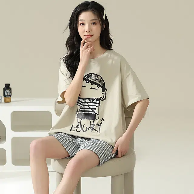 怀尔蔚 卡通印花休闲短袖薄款透气短裤睡衣套装 女款 图色