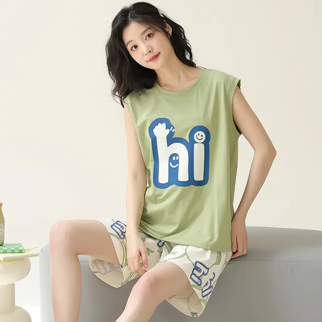 怀尔蔚 简约亲肤舒适休闲薄款透气无袖上衣可外穿家居服字母图案短裤睡衣套装 女款 绿色