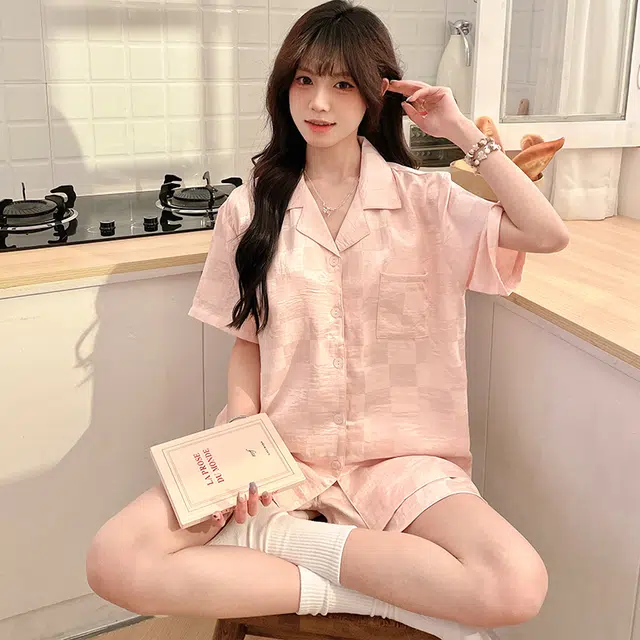 怀尔蔚 格子印花短袖上衣休闲薄款透气三分裤睡衣套装 女款 图片色